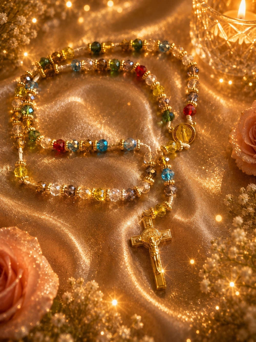 Gold Tone Multicolor Crystal Rosary Necklace